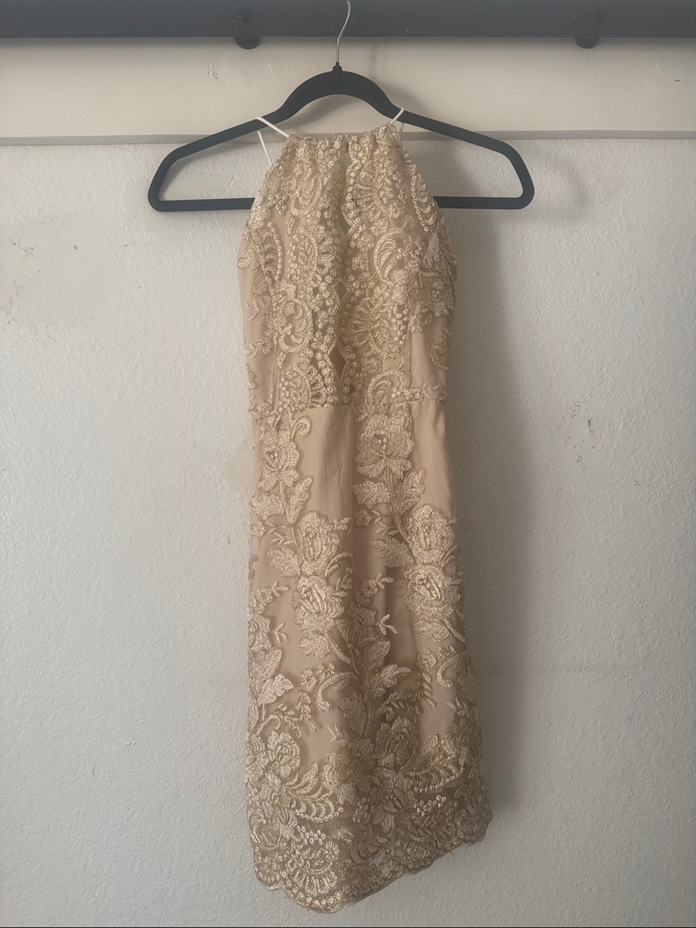 Beaded Halter Midi Dress in Champagne